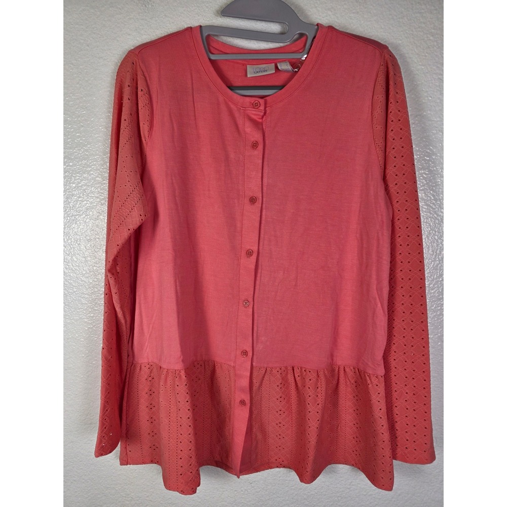 LOGO Layers Lori Goldstein Coral Eyelet Lace Peplum Cardigan Top Womens S